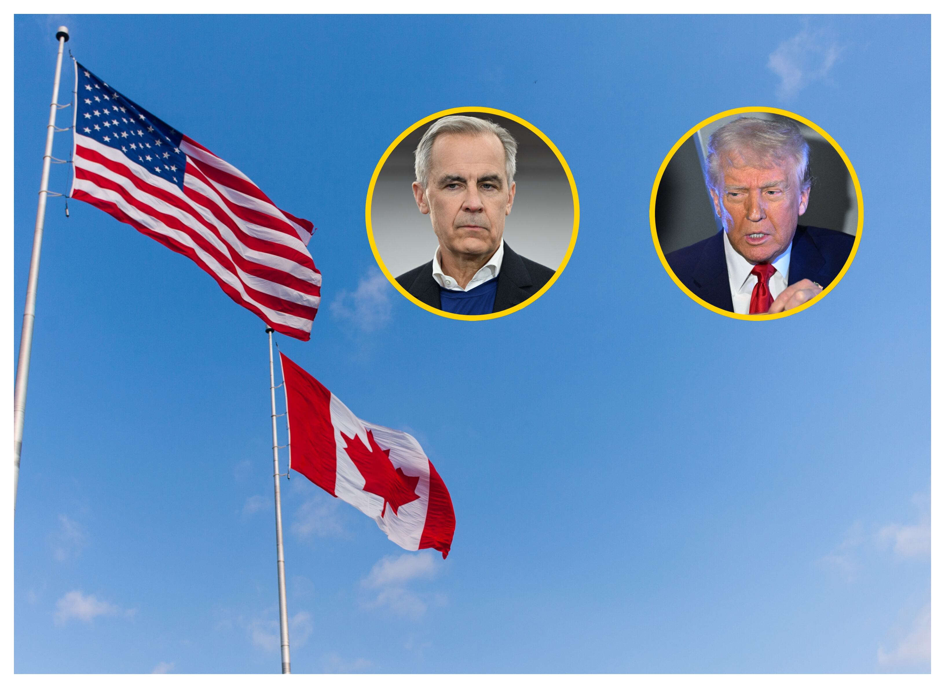 Banderas de Canadá y México, Carney y Trump. Foto: Mark Spowart/ Artur Widak/NurPhoto/ MANDEL NGAN/AFP via Getty Images.