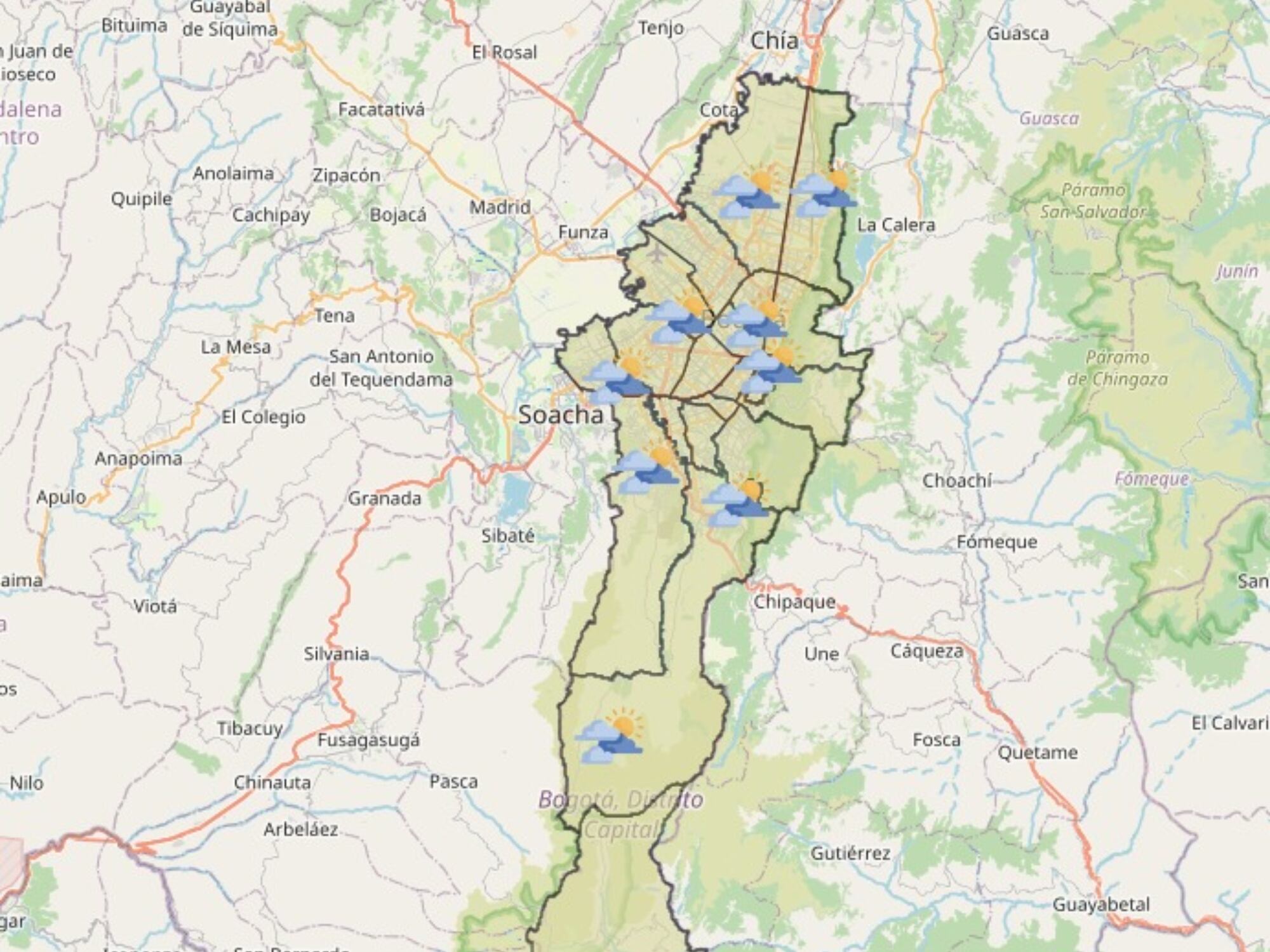 Mapa de lluvias en Bogotá. Foto: Sistema de Alerta Bogotá