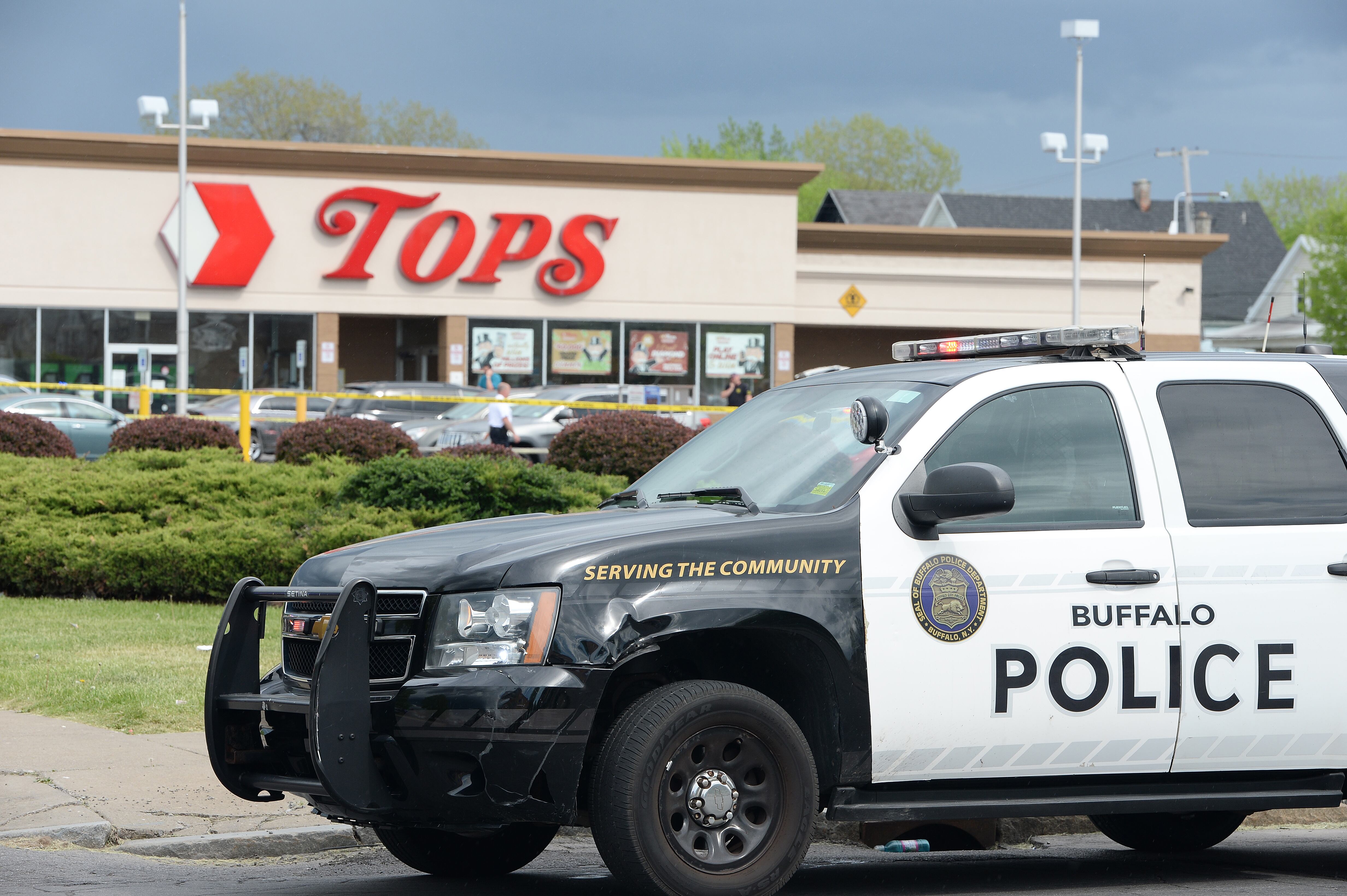 BUFFALO, NY - MAY 14: Buffalo Police on scene at a Tops Friendly Market on May 14, 2022 in Buffalo, New York. According to reports, at least 10 people were killed after a mass shooting at the store with the shooter in police custody. (Photo by John Normile/Getty Images)