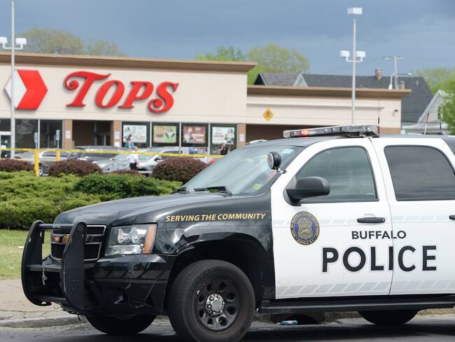 BUFFALO, NY - MAY 14: Buffalo Police on scene at a Tops Friendly Market on May 14, 2022 in Buffalo, New York. According to reports, at least 10 people were killed after a mass shooting at the store with the shooter in police custody. (Photo by John Normile/Getty Images)