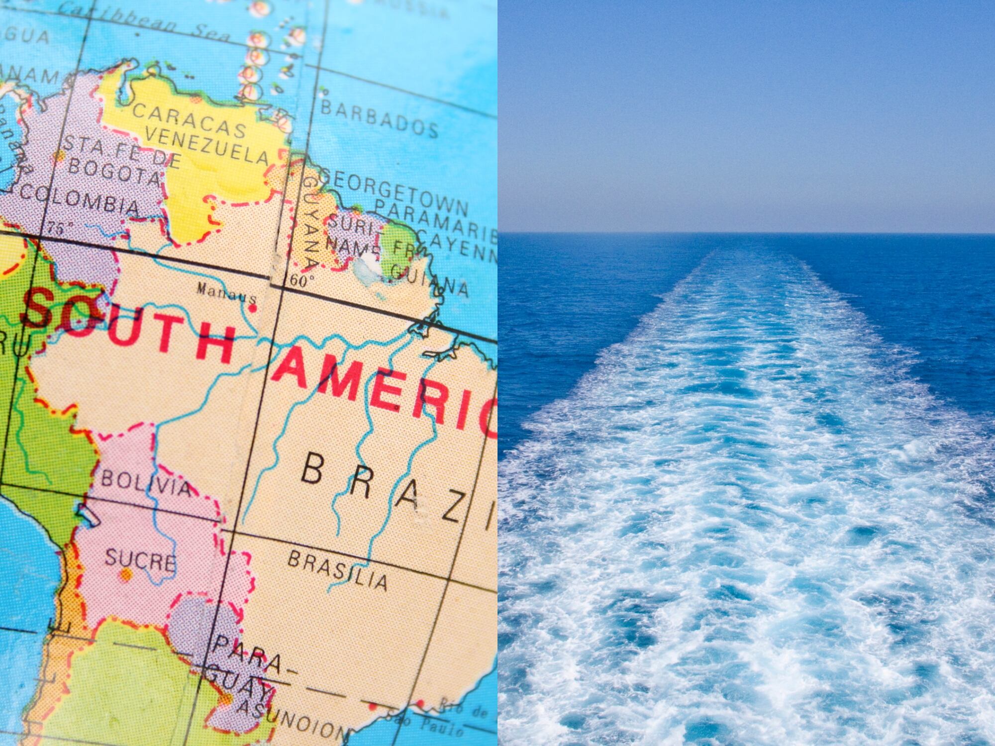 Mapa de Suramérica y una imagen de referencia del mar. Fotos: Getty Images. 