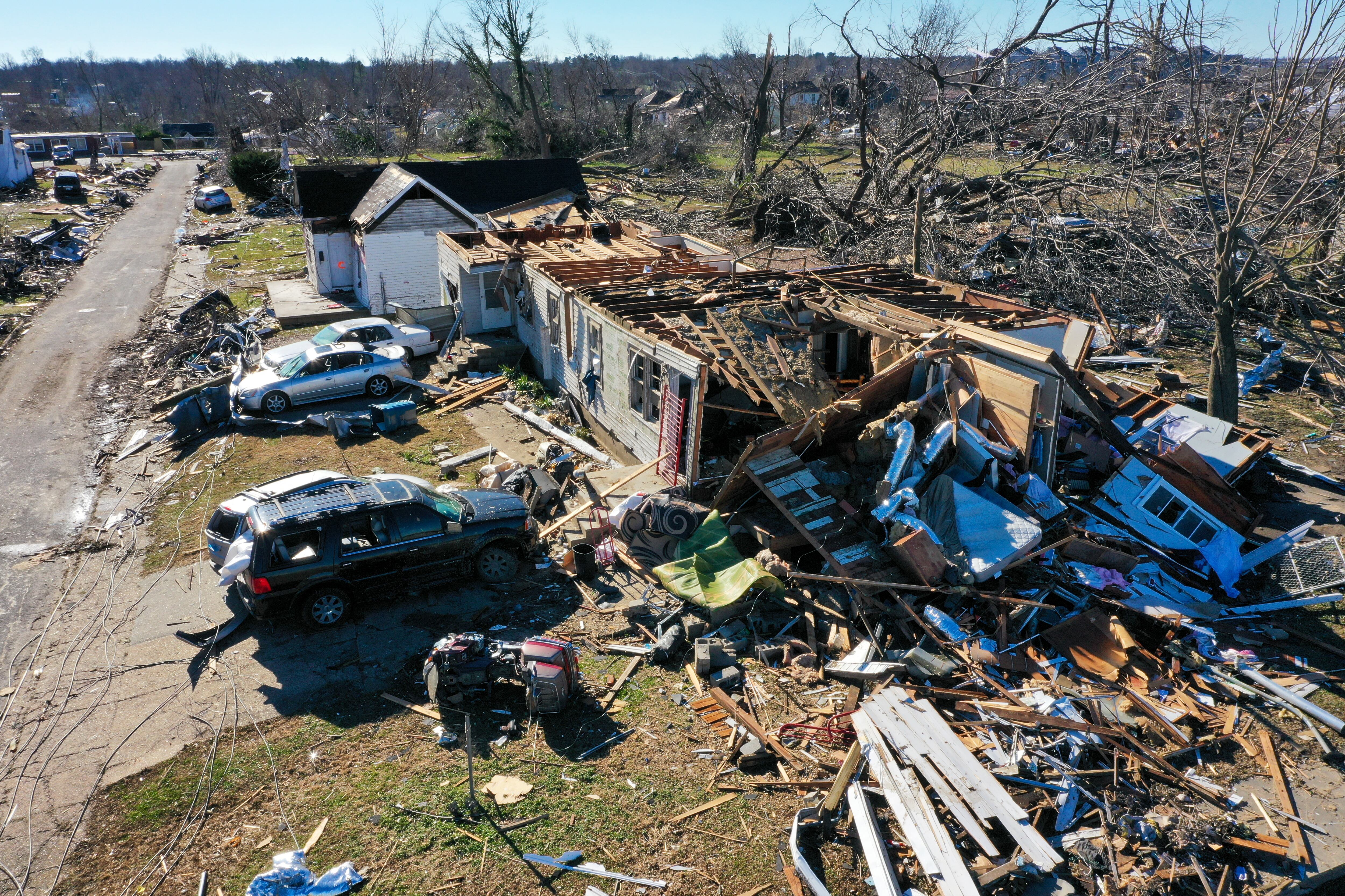 MAYFIELD, KENTUCKY - DECEMBER 12: An aerial photo shows a damage as cleanup efforts continue after tornado hit Mayfield, Kentucky, United States on December 12, 2021. (Photo by Tayfun Coskun/Anadolu Agency via Getty Images)