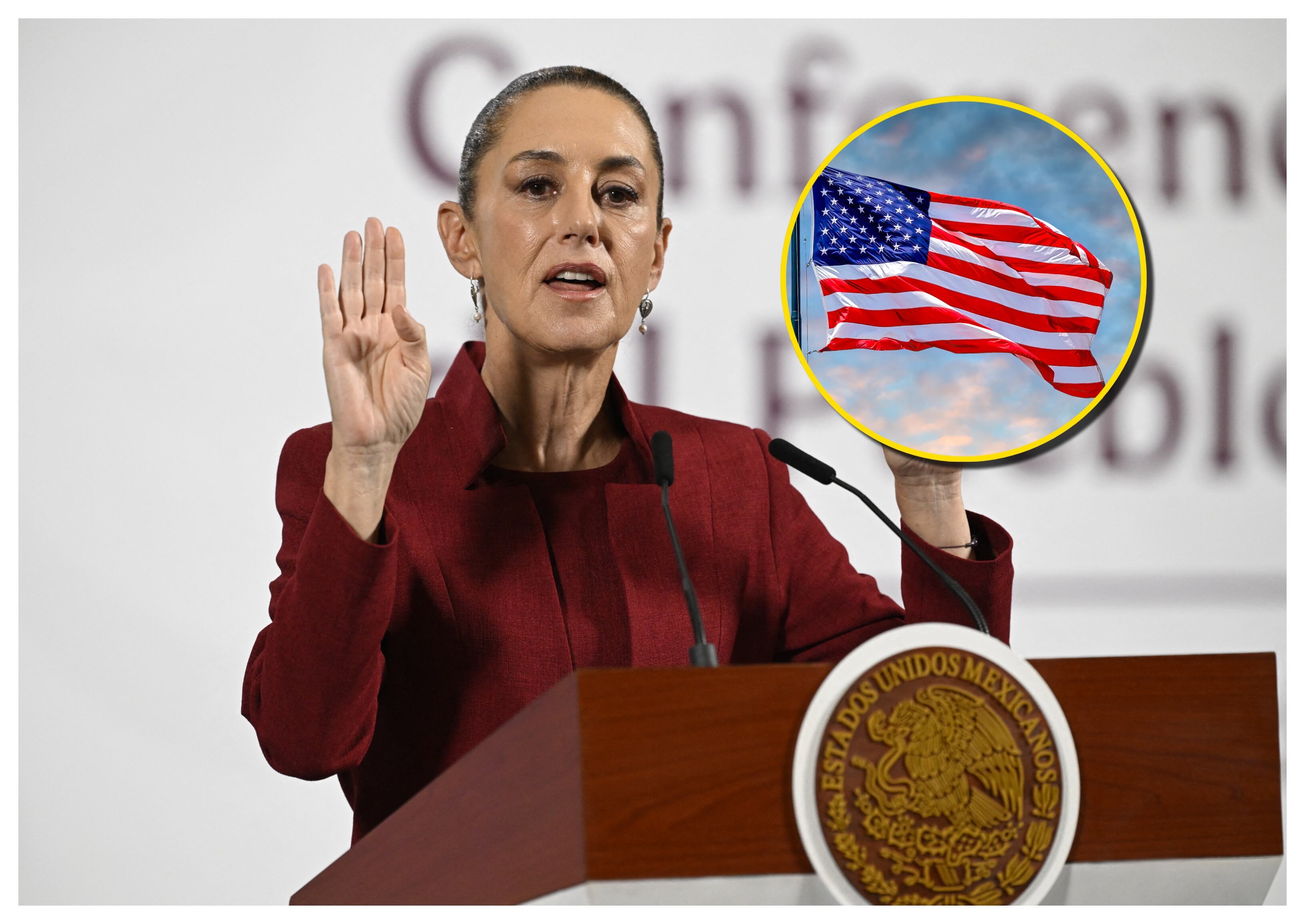 Sheinbaum y bandera de EE.UU. Foto: ALFREDO ESTRELLA/AFP/Roberto Machado Noa vía Getty Images.