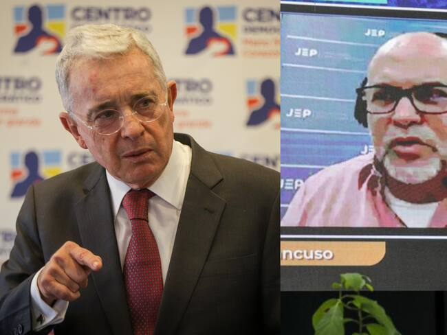 Expresidente Álvaro Uribe y exjefe paramilitar Salvatore Mancuso. Fotos: Colprensa/JEP
