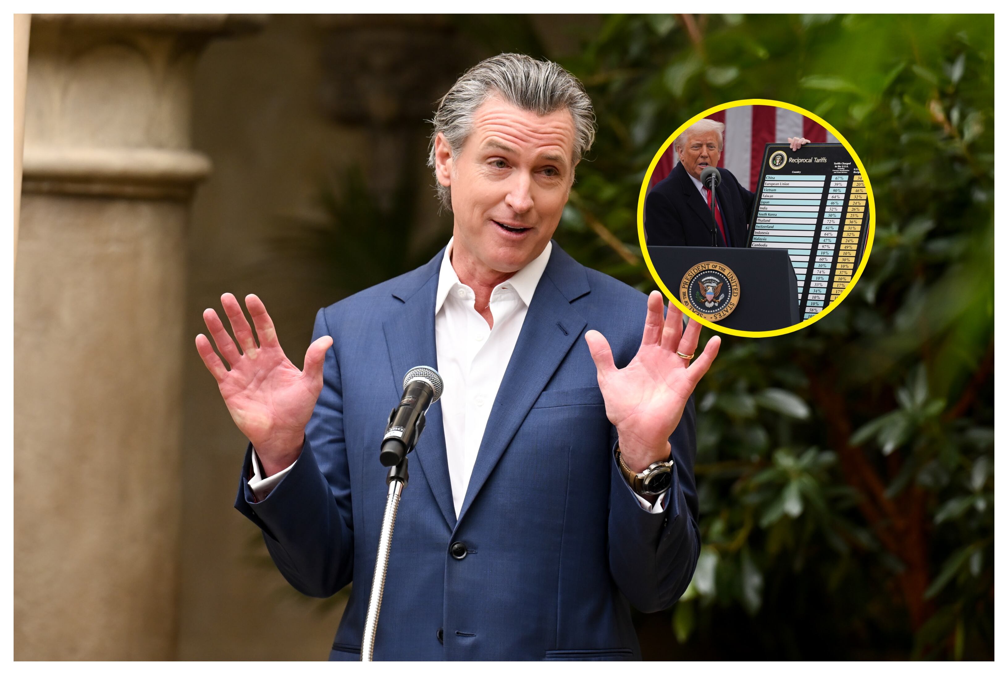 Gavin Newsom y Donald Trump (aranceles). Foto: Michael Buckner/ Variety/ Demetrius Freeman/ The Washington Post via Getty Images