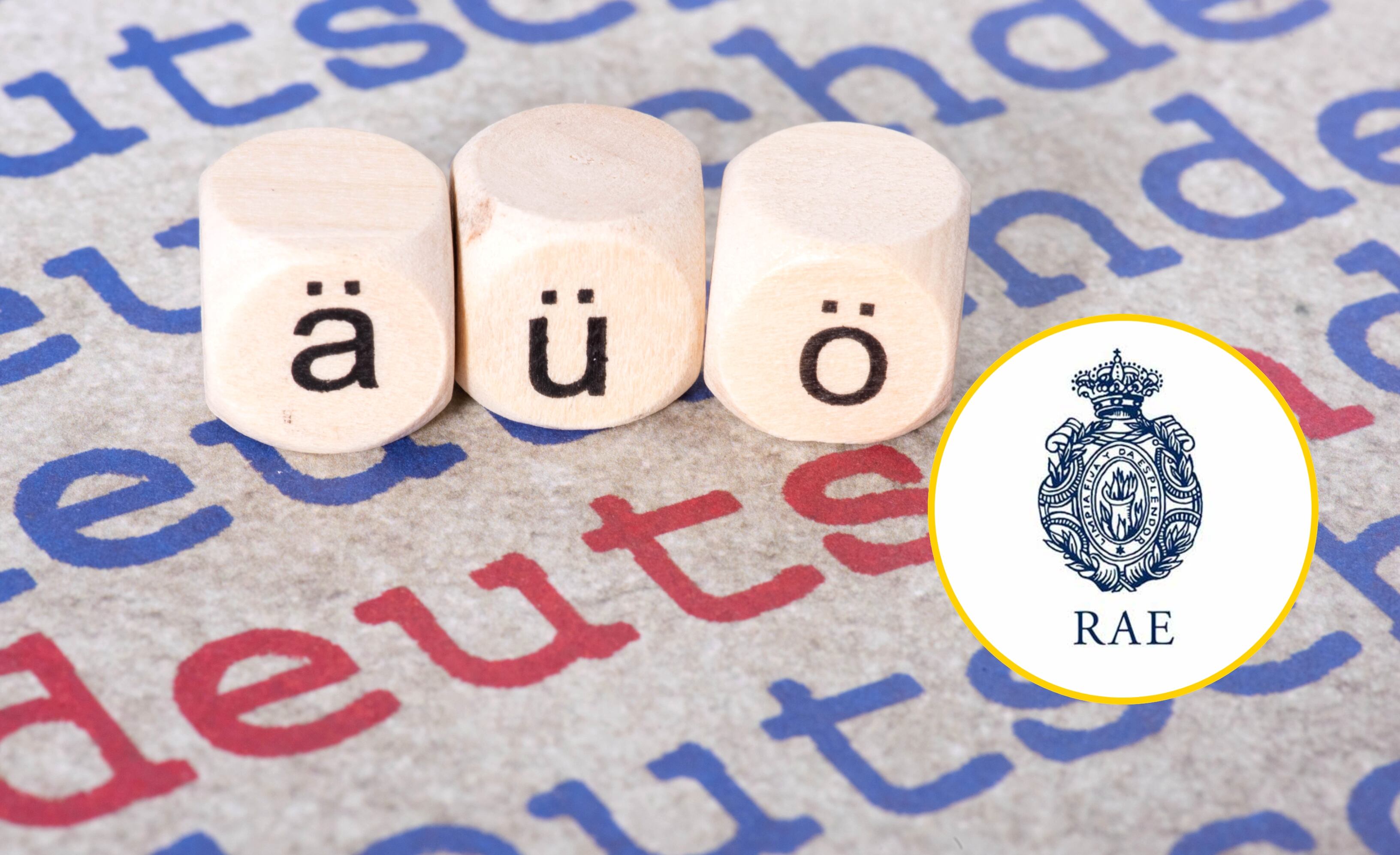 Diéresis en algunas vocales y logo de la RAE. Foto: Stadtratte vía Getty Images y RAE. 