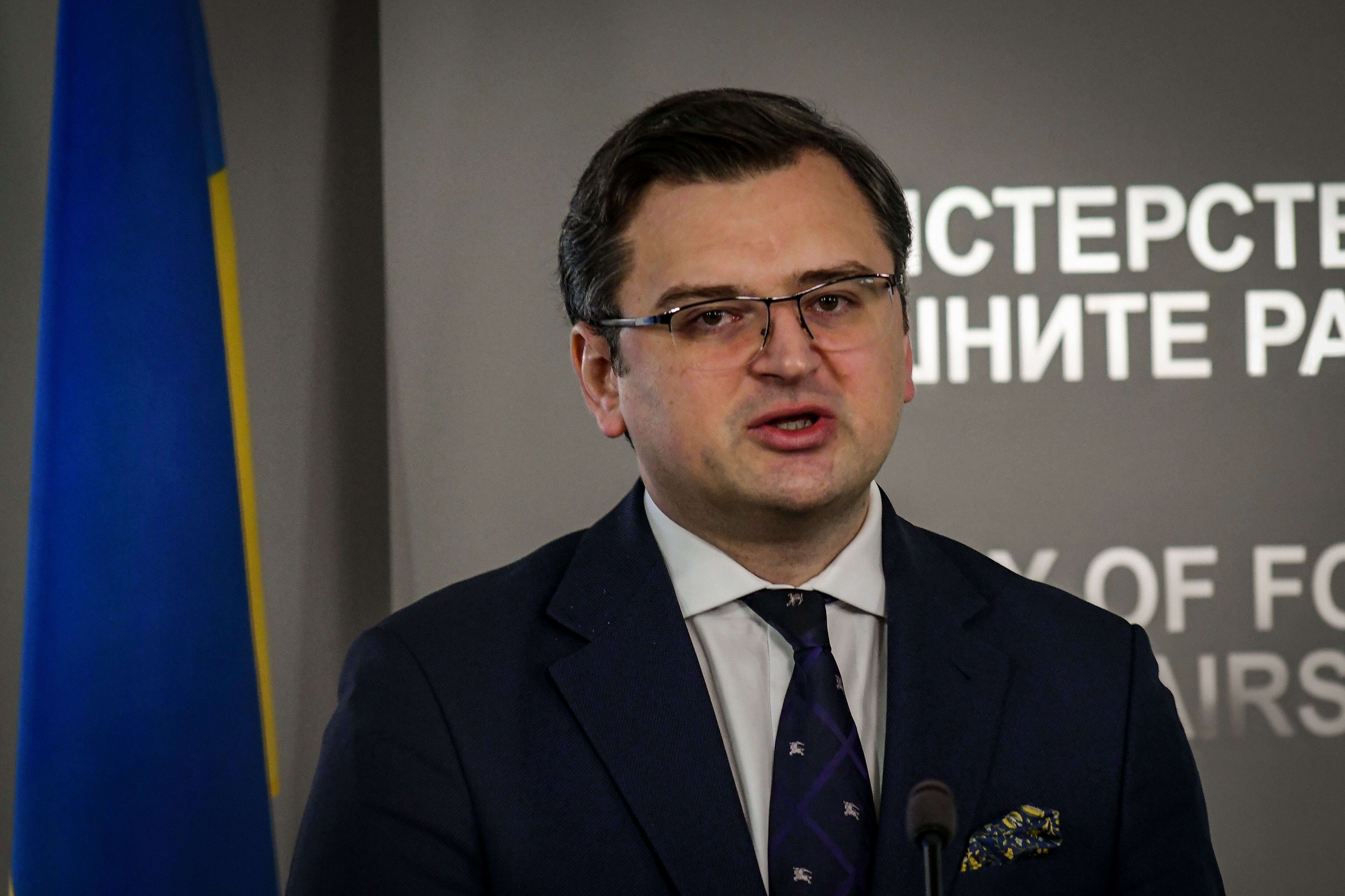 Foreign Minister of Ukraine Dmytro Kuleba during joint press conference with Bulgarian Foreign Minister Teodora Genchovska on 19 April, 2022 in Sofia, Bulgaria. (Photo by Georgi Paleykov/NurPhoto via Getty Images)