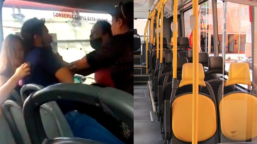 Hombre es sorprendido con su amante por su esposa y su suegra en un bus. Foto: Twitter: @panque_rockstar / Colprensa