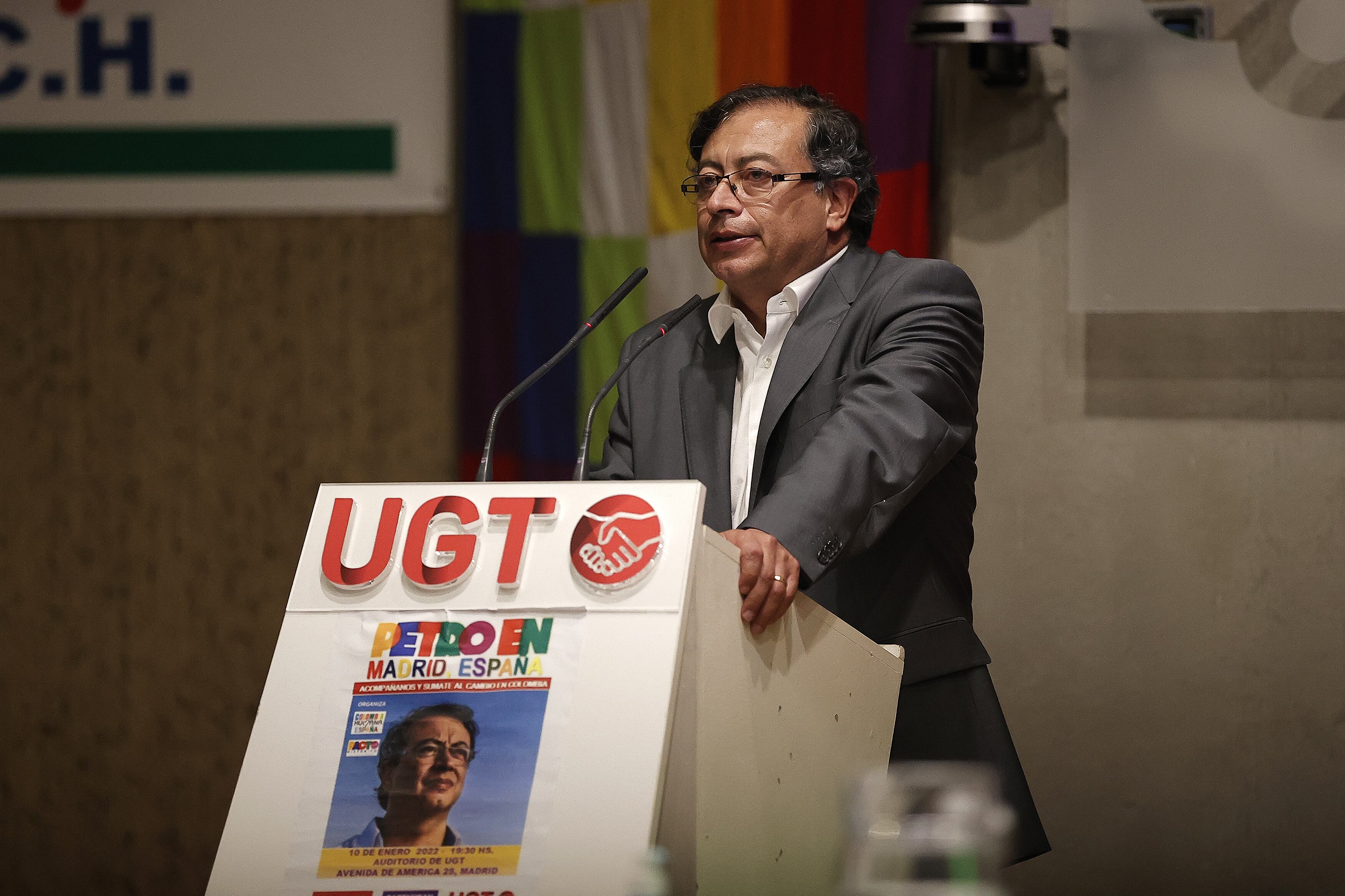 MADRID, SPAIN - JANUARY 10: Colombian senator and opposition leader presidential candidate Gustavo Petro attends a rally in Madrid, Spain on January 10, 2022 ahead of the May 27 Colombian presidential elections. (Photo by Burak Akbulut/Anadolu Agency via Getty Images)