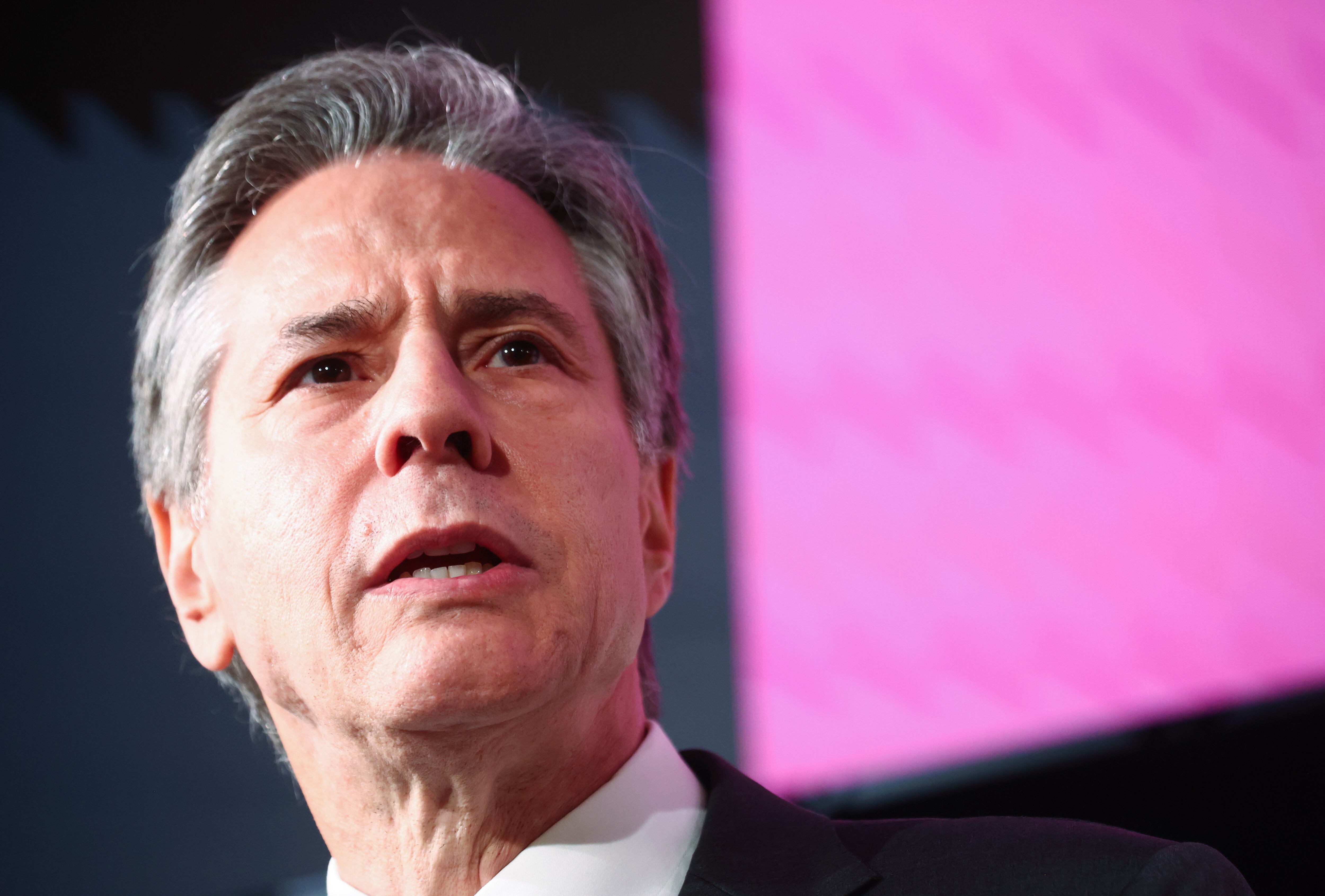 LOS ANGELES, CALIFORNIA - JUNE 07: Secretary of State Antony J. Blinken delivers remarks at the Media Summit of the Americas at the ASU California Center. (Photo by Mario Tama/Getty Images)