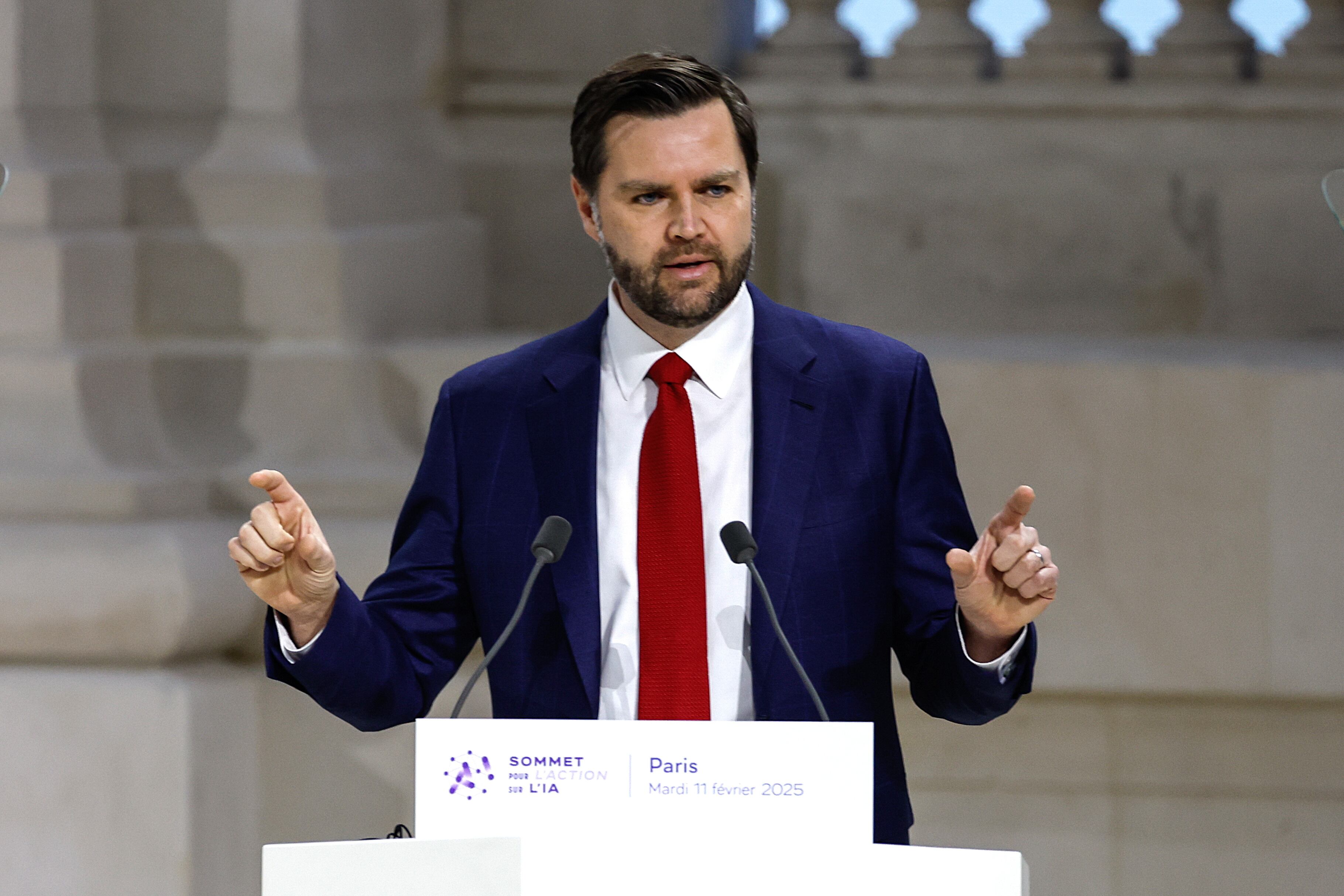 PARÍS (Francia), 11/02/2025.- El vicepresidente estadounidense, JD Vance, pronuncia un discurso durante una sesión plenaria de la Cumbre de Acción sobre Inteligencia Artificial (IA) en el Grand Palais.
