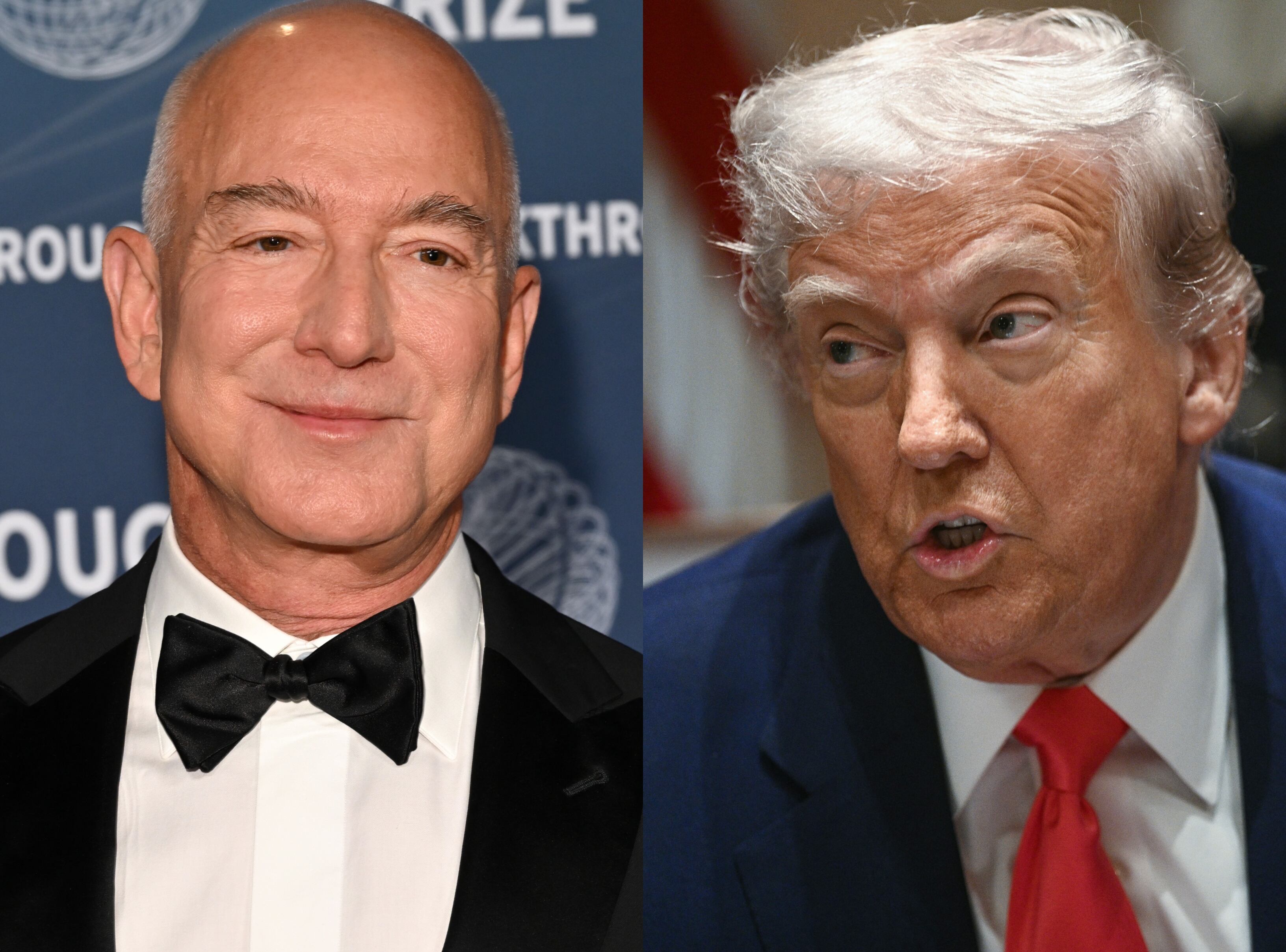 Dueño de Amazon, Jeff Bezos. FOTO: Lester Cohen/Getty Images for Breakthrough Prize. // Presidente de Estados Unidos, Donald Trump. FOTO: BRENDAN SMIALOWSKI/AFP via Getty Images