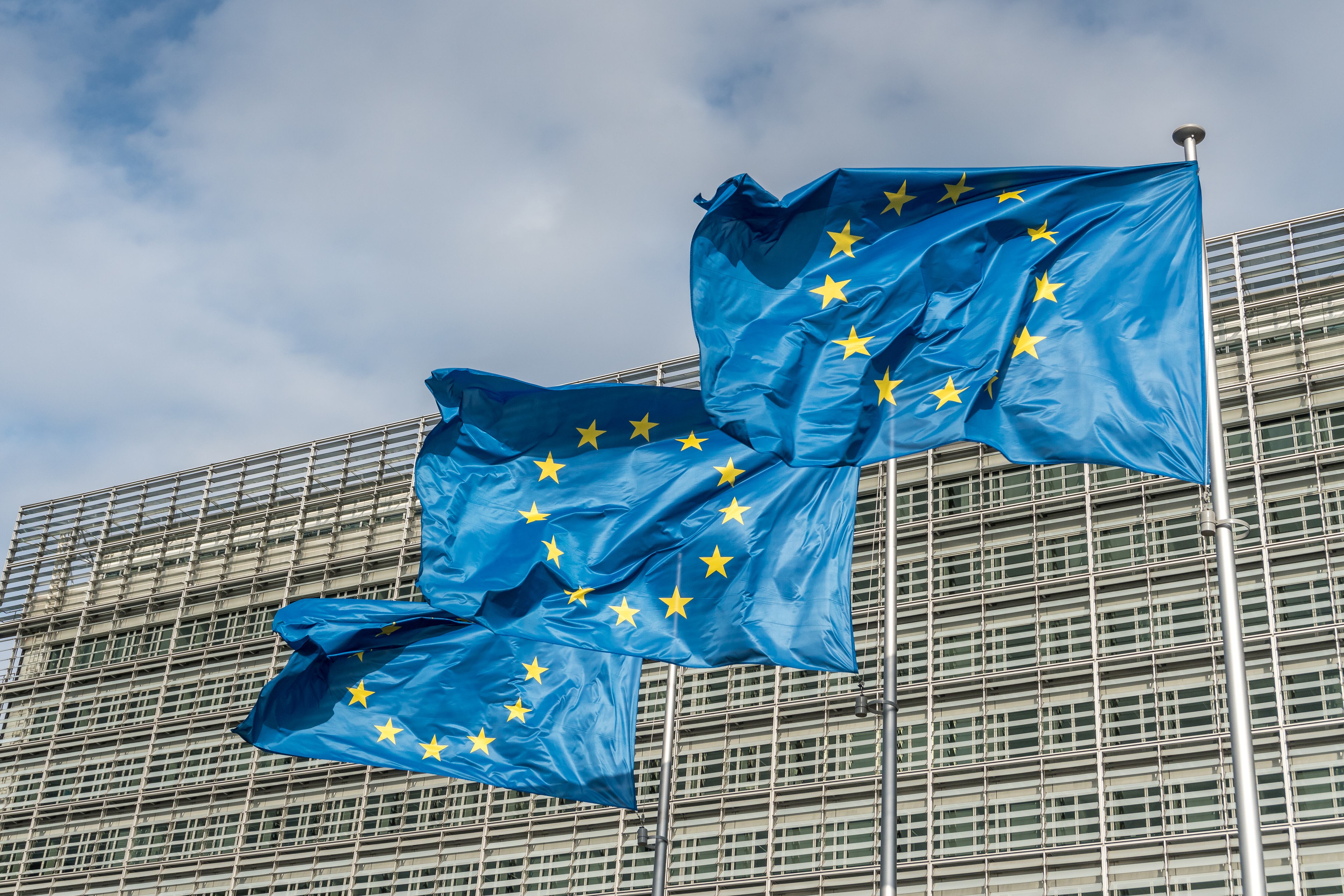 European Union flags at Berlaymont building of the European Commission in Brussels, Belgium