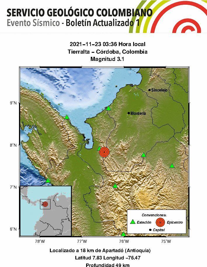 Reportan temblor en el municipio de Tierralta, Córdoba. Foto: Servicio Geológico.