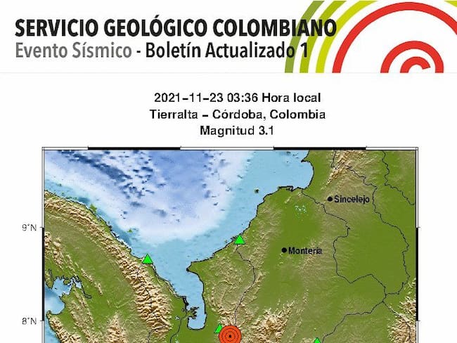 Reportan temblor en el municipio de Tierralta, Córdoba. Foto: Servicio Geológico.