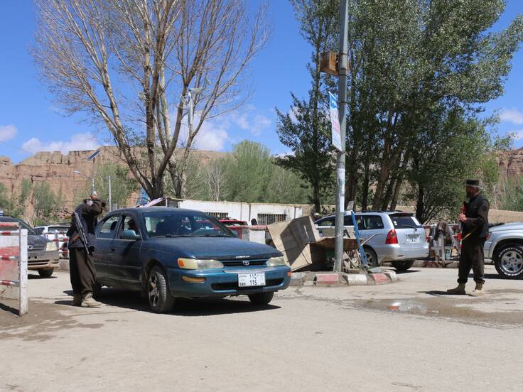 Bamyan (Afghanistan), 18/05/2024.- Security stand at the entrance to the road leading to the ruins of a 1,500-year-old Buddha statue in Bamiyan, Afghanistan, 18 May 2024. Three Spanish nationals were killed in an attack in Bamyan, capital of the homonymous province in central Afghanistan, the spokesman for the Taliban Ministry of Interior said on 17 May. No group had yet claimed responsibility for the attack. Bamiyan is a Unesco World Heritage site where the remains of the two giant Buddha statues that were destroyed by the Taliban in 2001 are located. (Afganistán) EFE/EPA/STRINGER