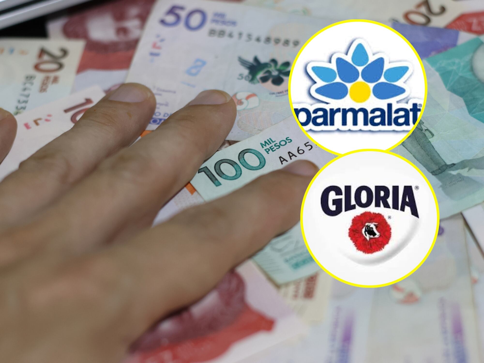 Dinero Colombia y logos de Parmalat y Gloria. Fotos: Getty Images / Parmalat / gloria.com.co/