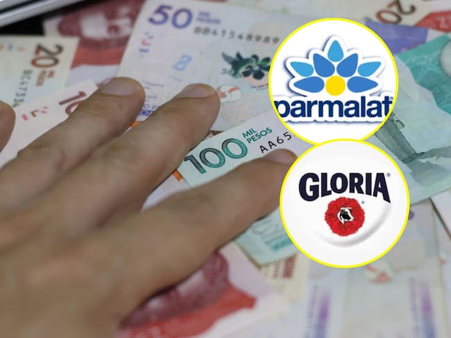 Dinero Colombia y logos de Parmalat y Gloria. Fotos: Getty Images / Parmalat / gloria.com.co/