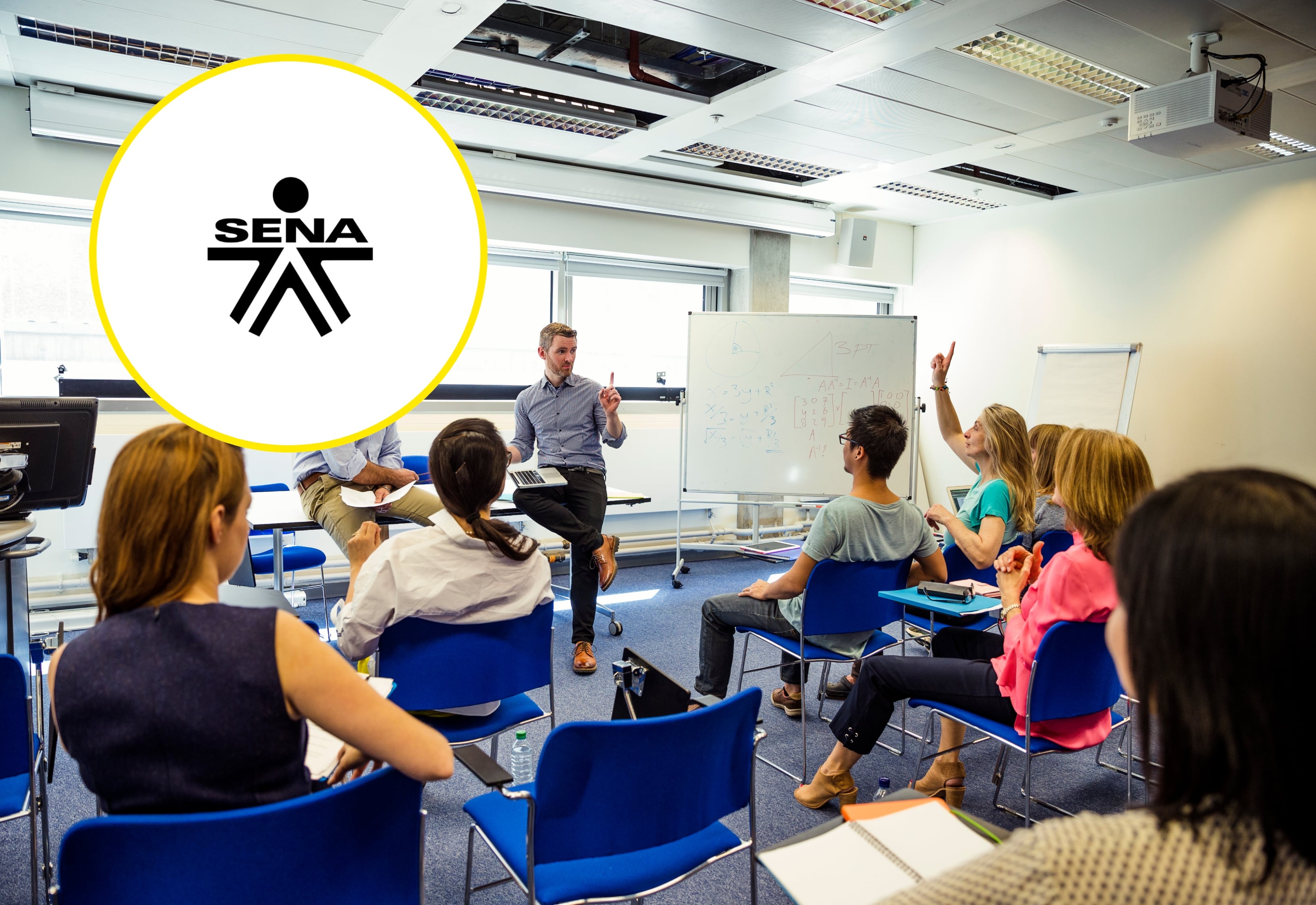 Referencia de estudiantes y logo del SENA. Foto: Getty Images y página del SENA. 