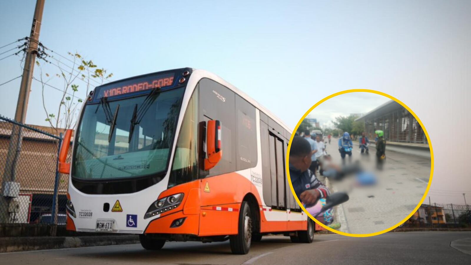 Accidente involucra a un articulado de Transcaribe | Foto: Transcaribe / en círculo: cortesía accidente