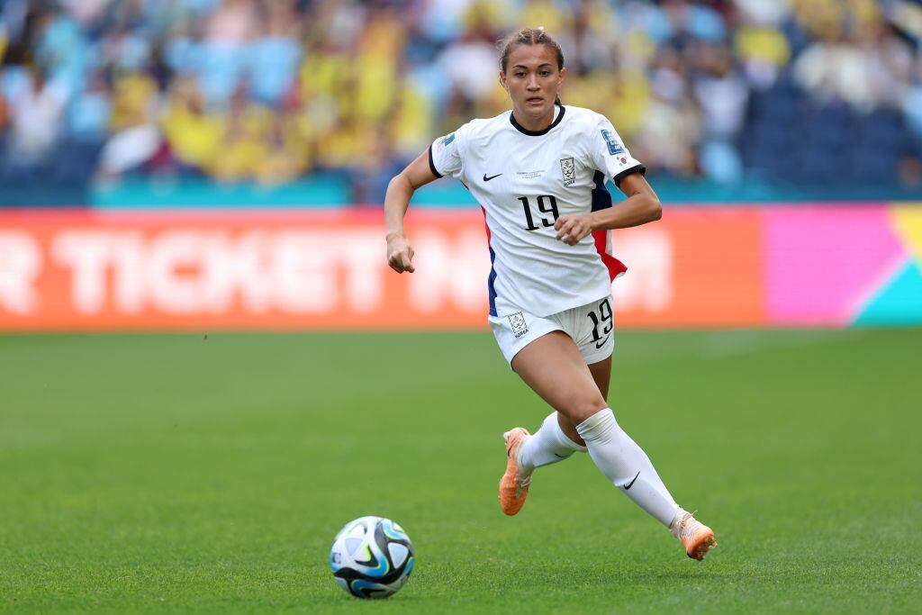 Casey Phair, jugadora de Corea del Sur en el partido ante Colombia por el Mundial femenino de Australia y Nueva Zelanda. 24 de julio 2023. Foto: Sajad Imanian/DeFodi Images via Getty Images.