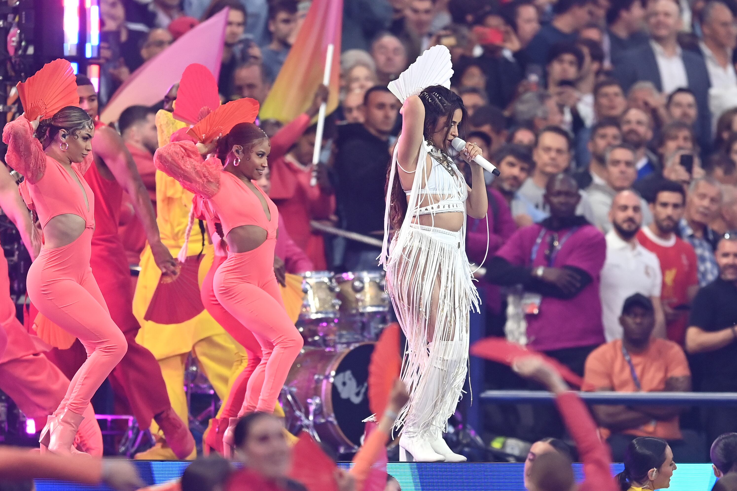 PARIS, FRANCE - MAY 28: Camila Cabello performs in the pre-match show prior to the UEFA Champions League final match between Liverpool FC and Real Madrid at Stade de France on May 28, 2022 in Paris, France. (Photo by David Ramos/Getty Images)