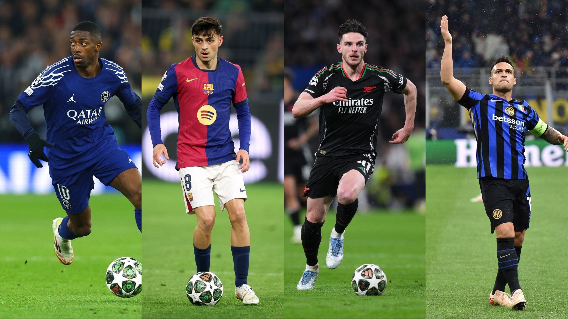 Dembélé. Foto: Chris Brunskill/Fantasista/Getty Images - Pedri. Foto: Stefan Matzke - sampics/Getty Images - Declan Rice. Foto: David Ramos/Getty Images - Lautaro Martínez. Foto: Giuseppe Bellini/Getty Images.