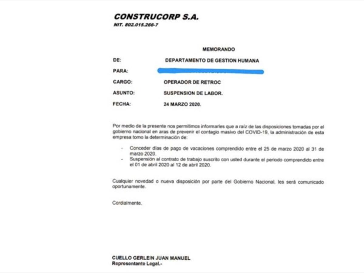 Construcorp S.A de Valorcon suspende contrato de varios empleados hasta el 12 de abril