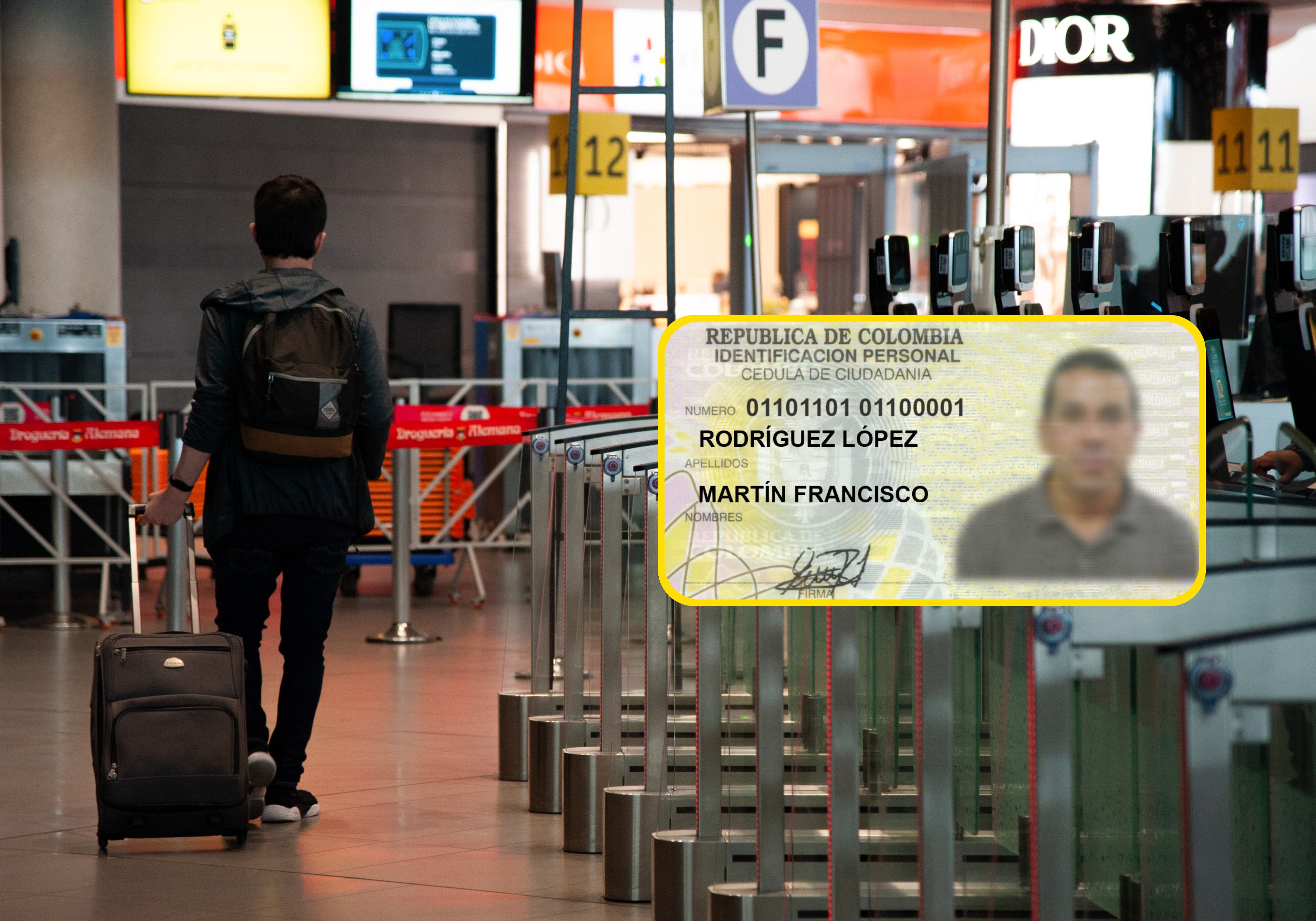 Hombre caminando por el aeropuerto El Dorado (Long Visual Press / Getty Images) e imagen de muestra de una cédula de ciudadanía (Registraduría Nacional)