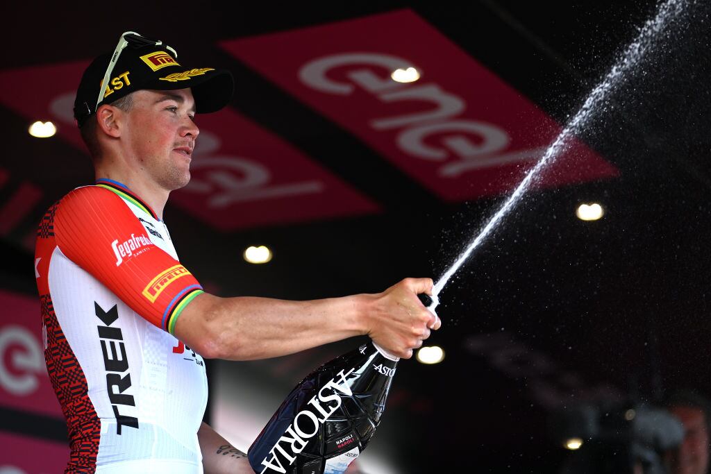 NAPLES, ITALY - MAY 11: Mads Pedersen of Denmark and Team Trek - Segafredo celebrates at podium as stage winner during the 106th Giro d'Italia 2023, Stage 6 a 162km stage from Naples to Naples / #UCIWT / on May 11, 2023 in Naples, Italy. (Photo by Tim de Waele/Getty Images)