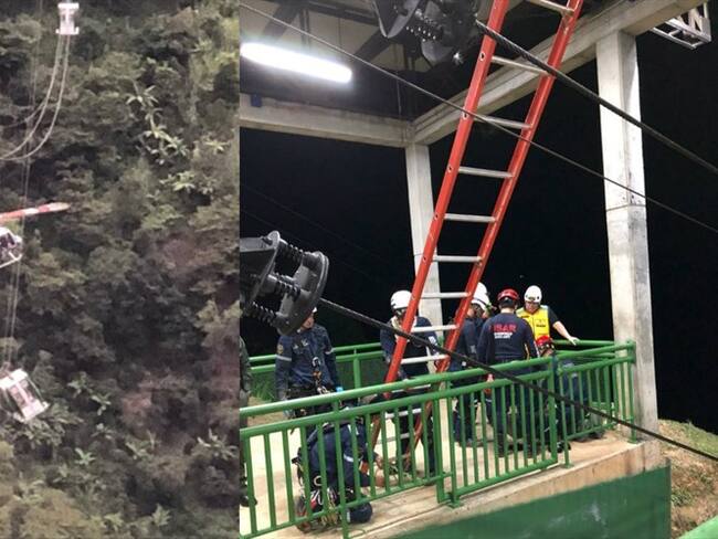 El descenso del cuerpo de rescate se hizo por parte de Bomberos Medellín, por los cables del sistema y posteriormente por cuerdas hacia tierra. Foto: Dagrd