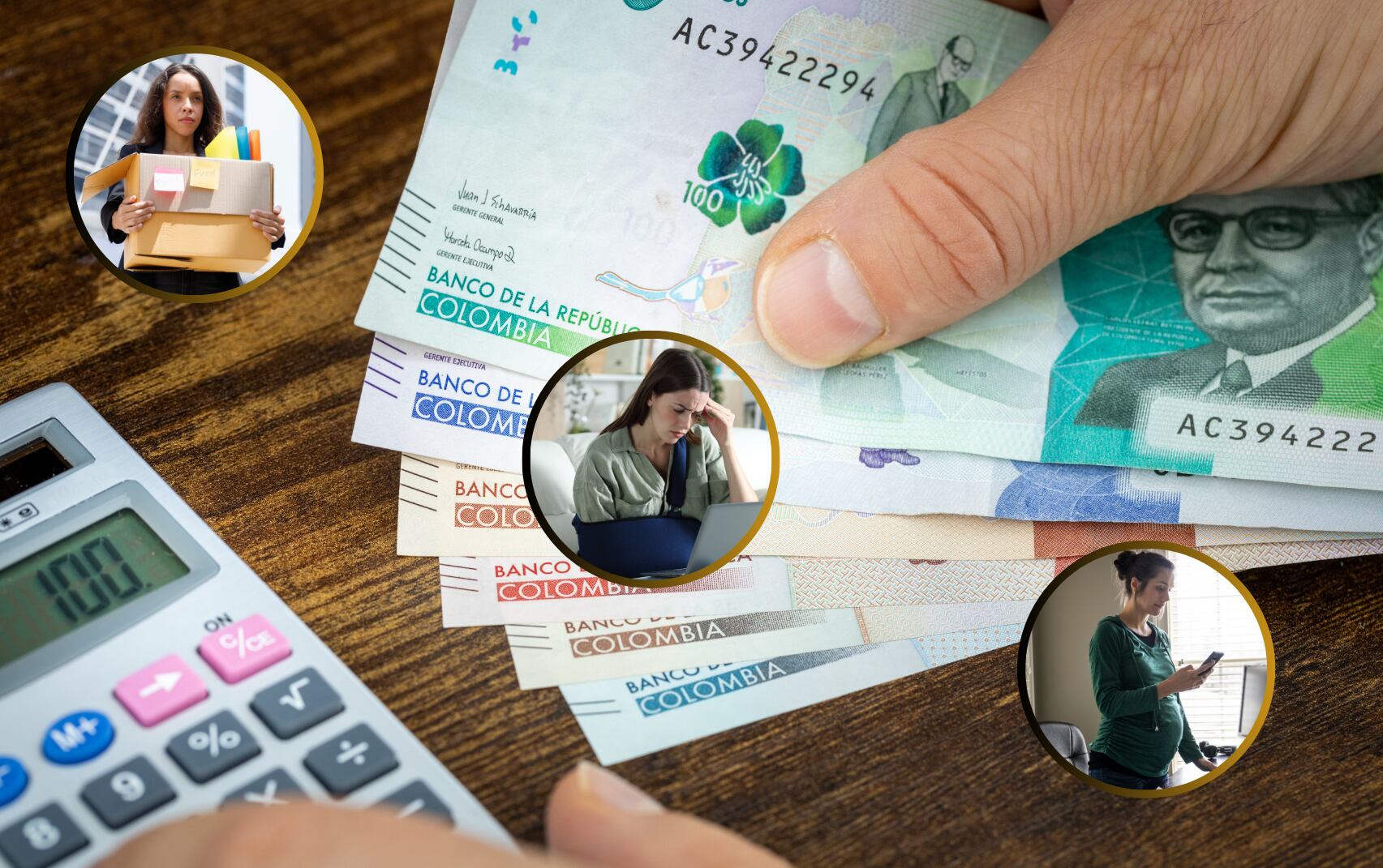 Mano sosteniendo billetes colombianos y de fondo mujeres en sus dispositivos móviles (Foto vía Getty Images)