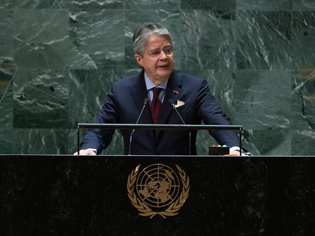 New York (United States), 20/09/2023.- President of Ecuador Guillermo Lasso Mendoza speaks during the 78th session of the United Nations General Assembly at United Nations Headquarters in New York, New York, USA, 20 September 2023. (Nueva York) EFE/EPA/ADAM GRAY