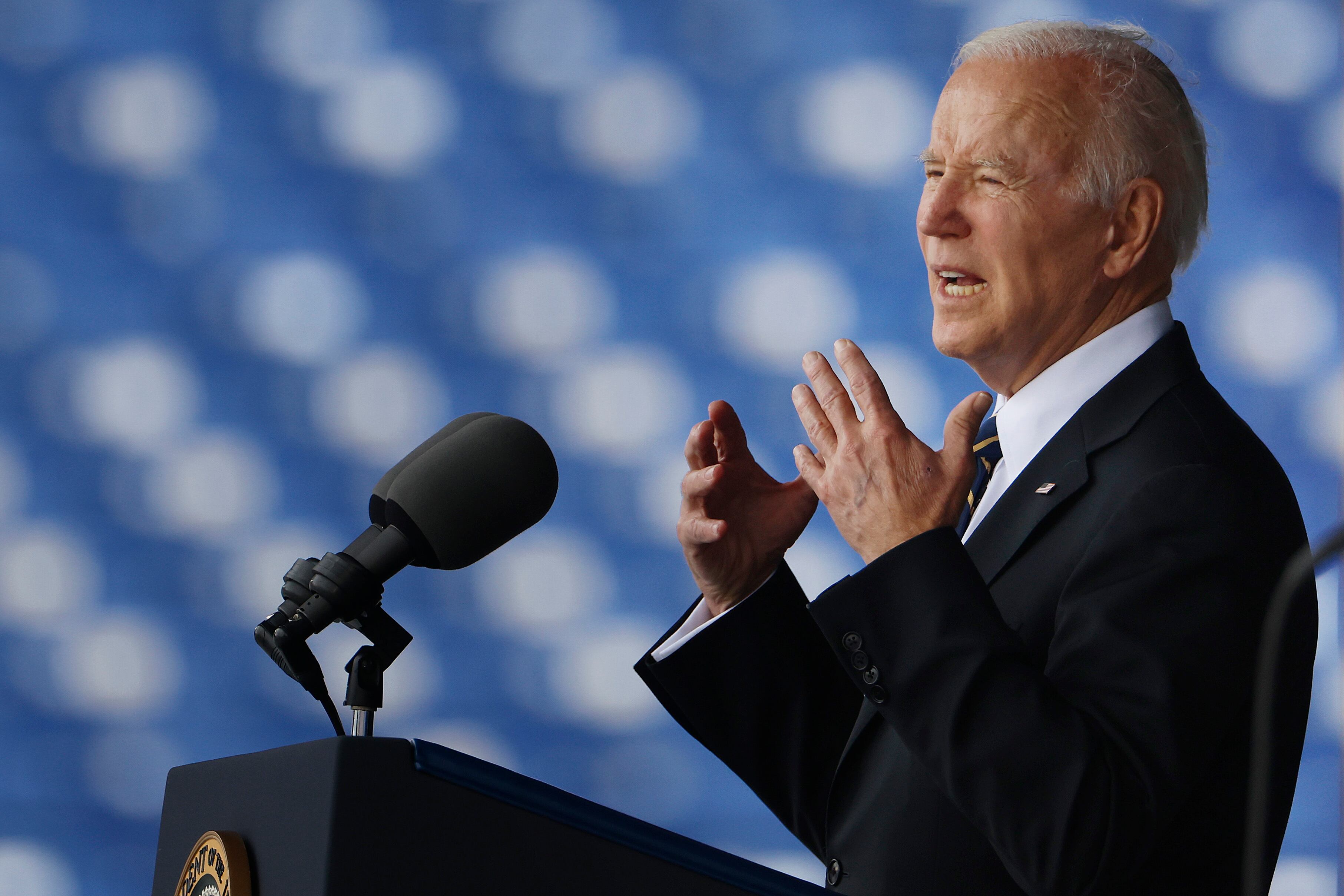 ANNAPOLIS, MARYLAND - MAY 27: U.S. President Joe Biden delivers the commencement address during the graduation and commissioning ceremony at the U.S. Naval Academy Memorial Stadium.  (Photo by Chip Somodevilla/Getty Images)