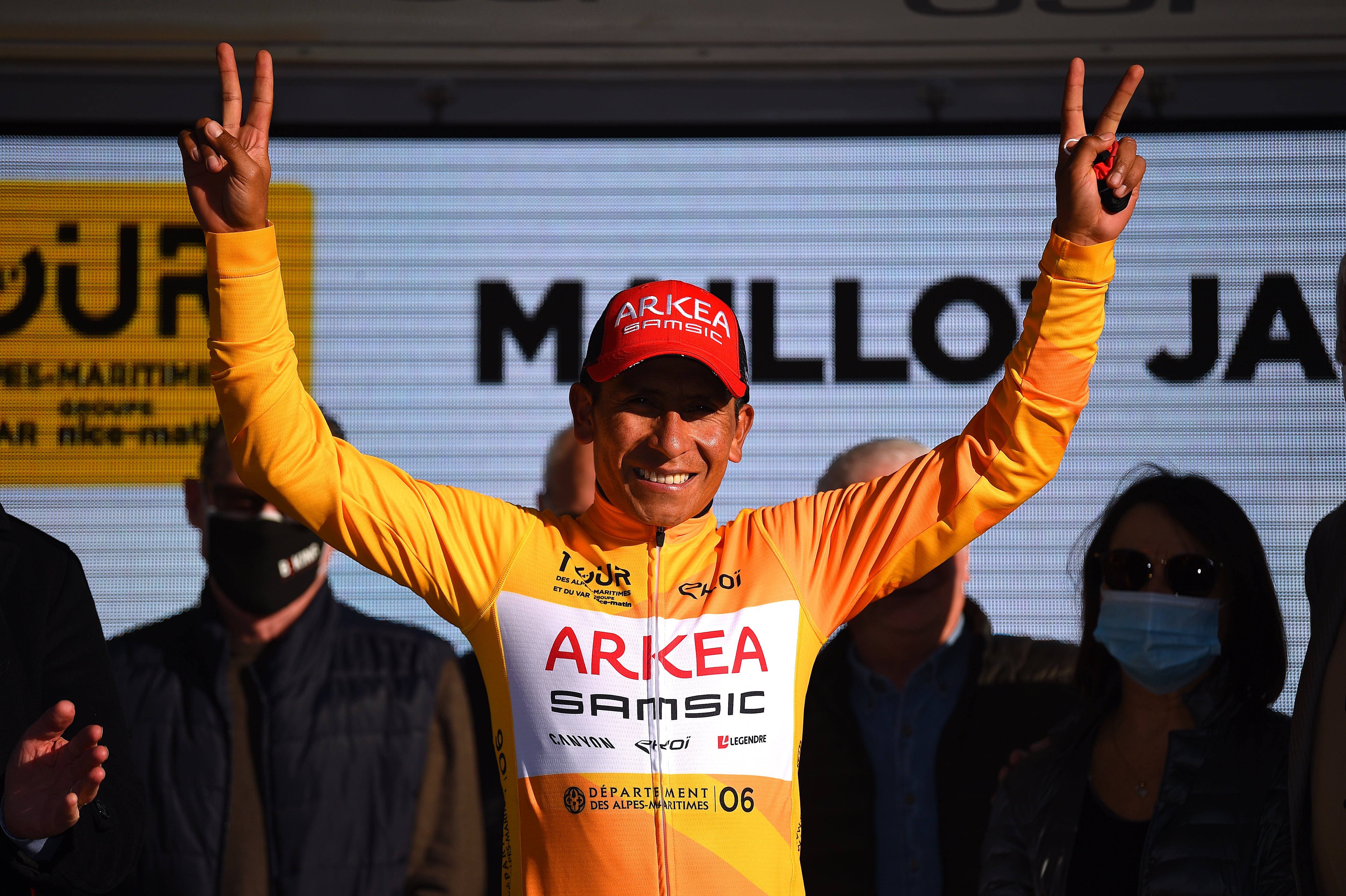 BLAUSASC, FRANCE - FEBRUARY 20: Nairo Alexander Quintana Rojas of Colombia and Team Arkéa - Samsic celebrates at podium as Yellow Leader Jersey winner during the 54th Tour Des Alpes Maritimes Et Du Var - Stage 3 a 112,6km stage from Villefranche sur Mer to Blausasc on February 20, 2022 in Blausasc, France. (Photo by Dario Belingheri/Getty Images)