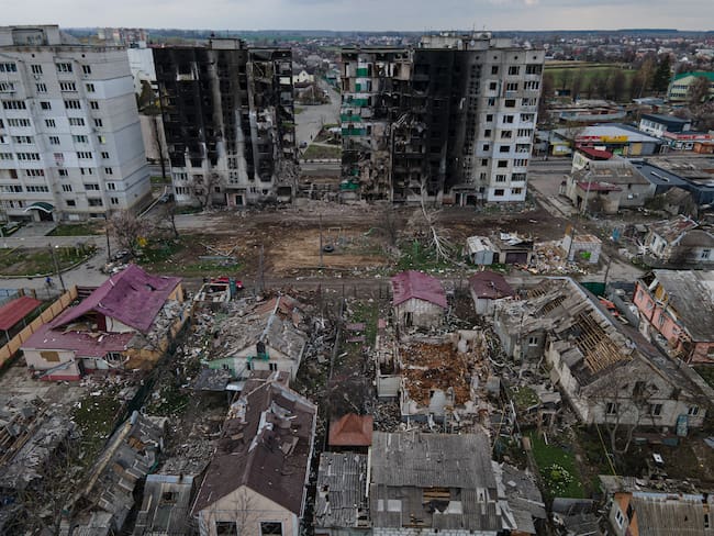 BORODIANKA, UKRAINE - APRIL 21: In this aerial view, a destroyed apartment building is seen next to an area of heavily damaged houses on April 21, 2022 in Borodianka, Ukraine. (Photo by Alexey Furman/Getty Images)