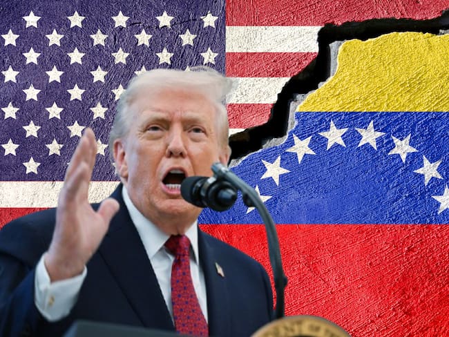 Donald Trump, banderas de Estados Unidos y Venezuela. Fotos: (Photo by Matt McClain/The Washington Post via Getty Images) / Getty Images