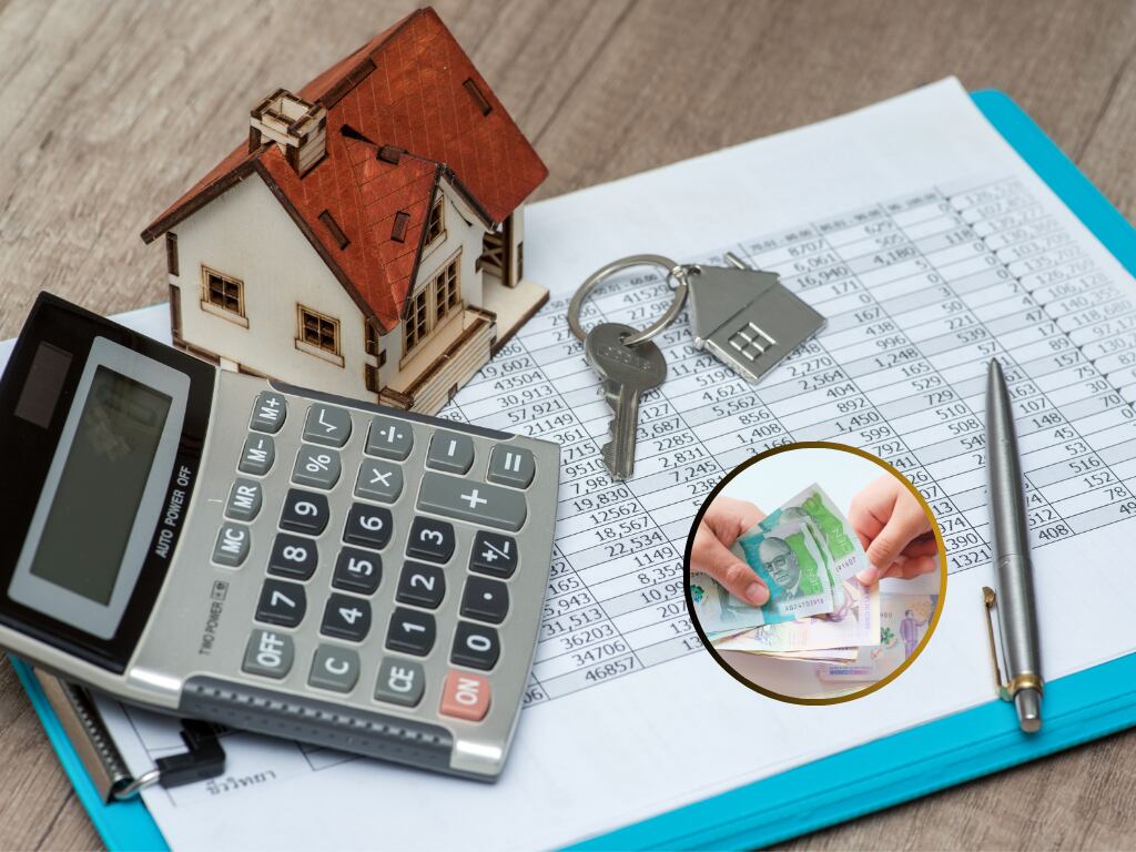 Una calculadora, casa, planilla de pagos y llaves de vivienda con dinero colombiano de fondo (Fotos vía Getty Images)