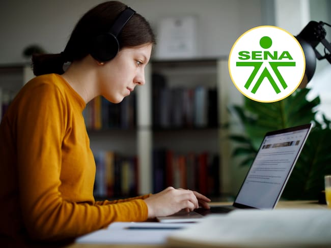 Mujer presentando un examen en un computador. En el círculo, el logo del SENA (Fotos vía GettyImages y redes sociales)