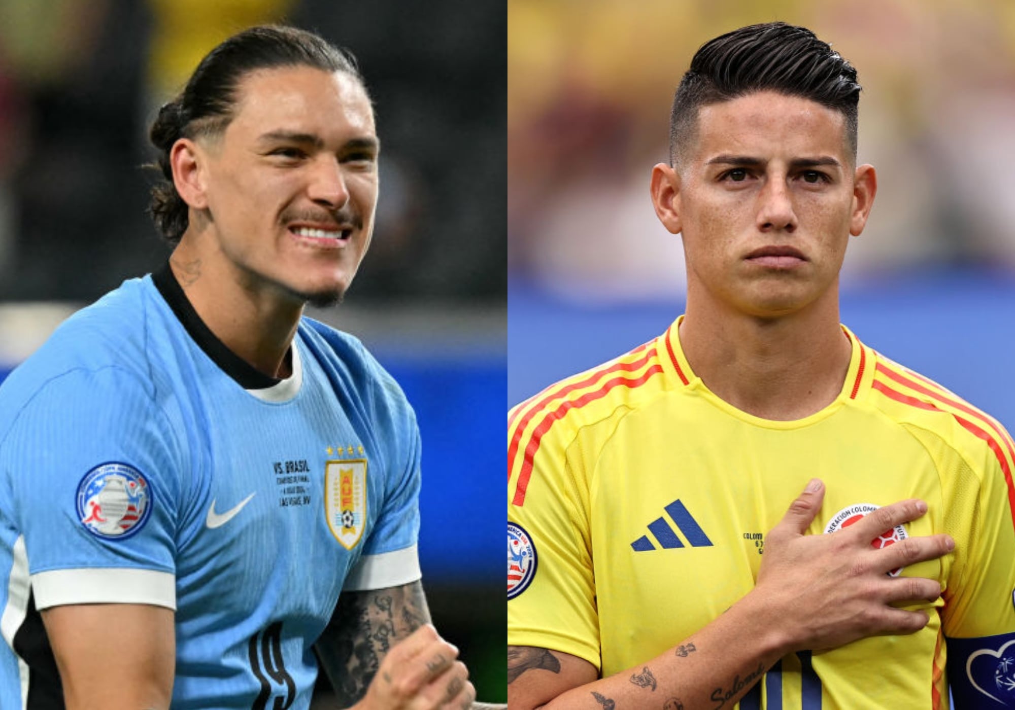 Darwin Núñez y James Rodríguez. Foto: (Photo by FREDERIC J. BROWN/AFP via Getty Images)  / (Photo by Omar Vega/Getty Images)