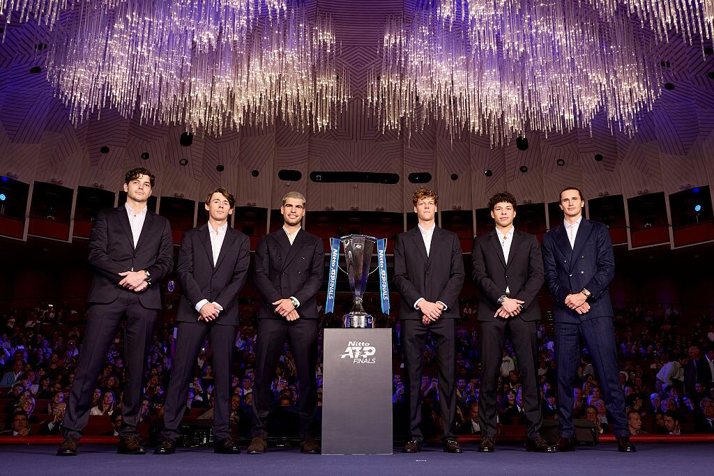 Taylor Fritz, Alex de Minaur, Carlos Alcaraz, Jannik Sinner, Ben Shelton and Alexander Zverev. Foto: Clive Brunskill/Getty Images.