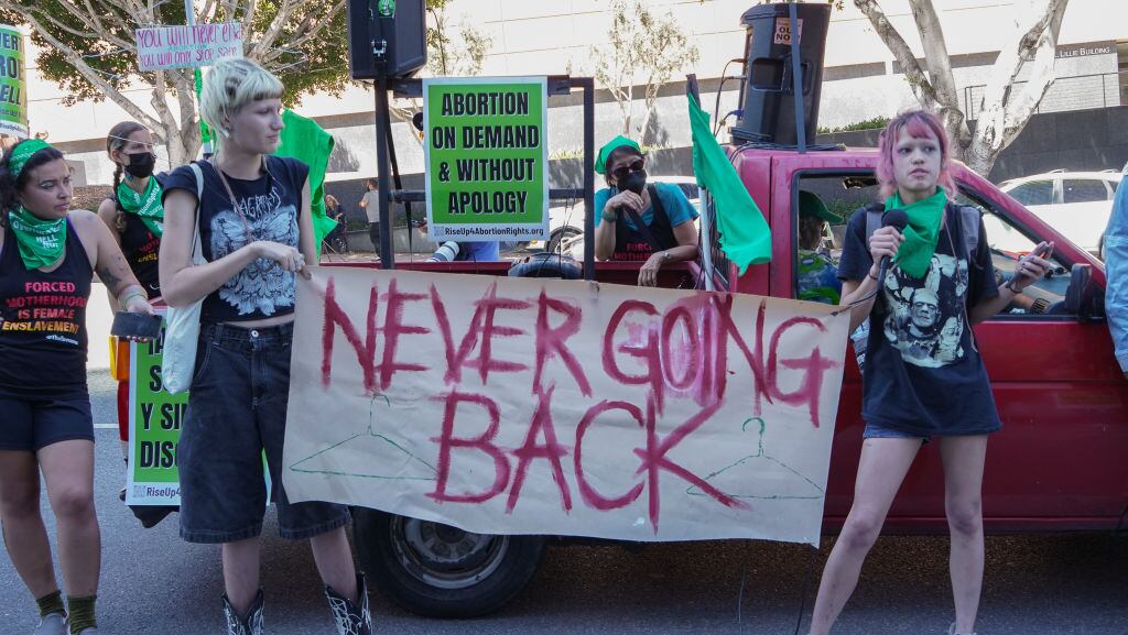LOS ANGELES - JUNE 24: A crowd gathers in front of a federal court building to protest the U.S. Supreme Court opinion overturning of Roe v. Wade on June 24, 2022 in downtown Los Angeles. (Photo by Emily Molli/Anadolu Agency via Getty Images)