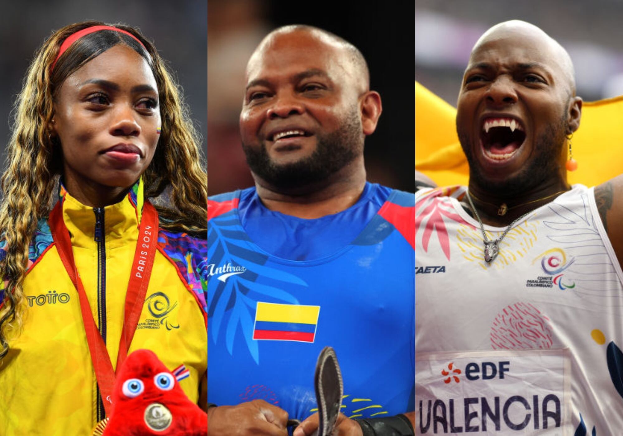 Karen Palomeque, Fabio Torres y Mauricio Valencia. Foto: (Photo by Franco Arland/Getty Images for IPC)  / (Photo by Michael Reaves/Getty Images) / (Photo by David Ramos/Getty Images)