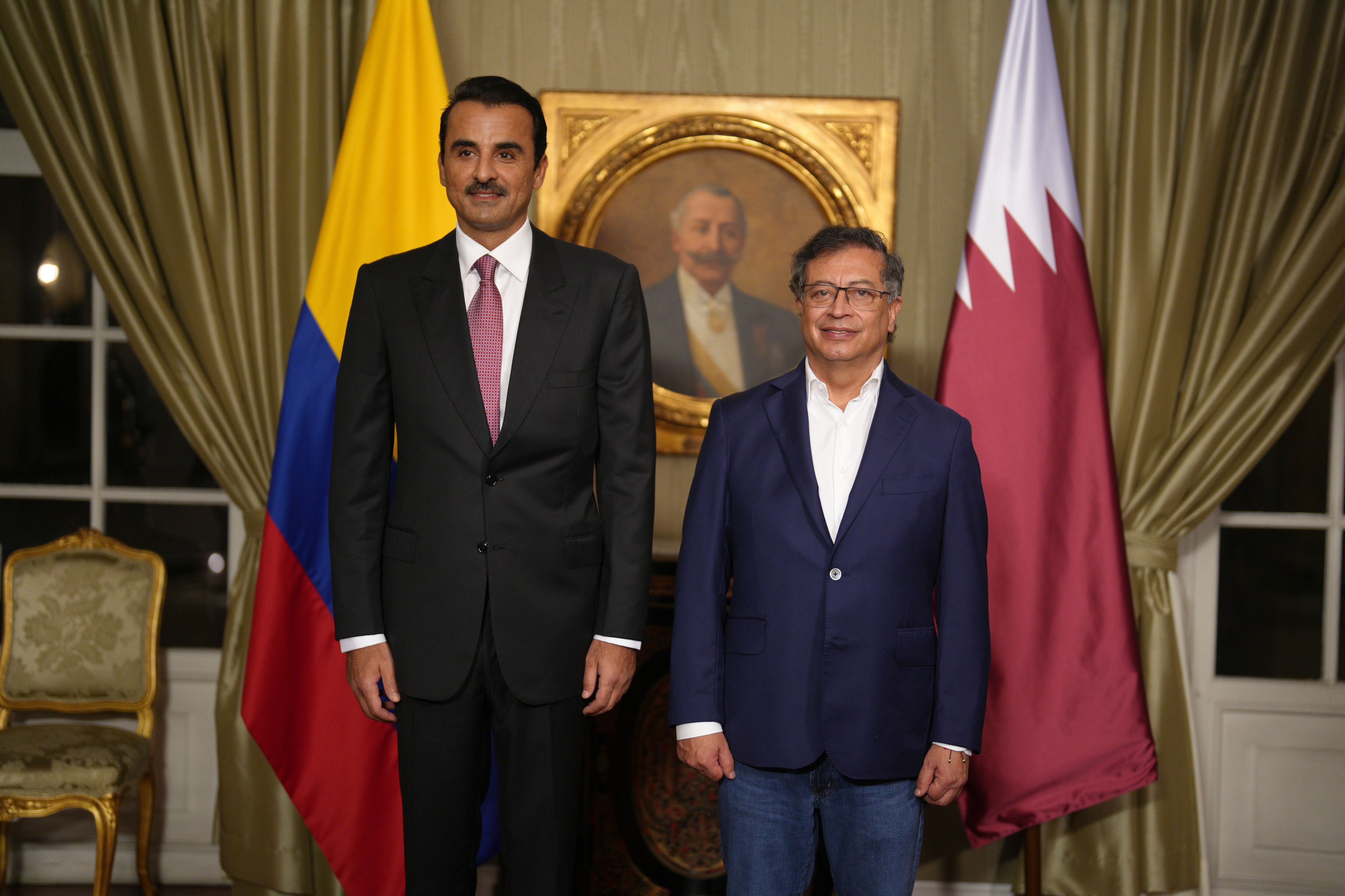El jeque Tamim bin Hamad Al-Thani, emir del Estado de Qatar y el presidente Gustavo Petro. Foto: Presidencia.