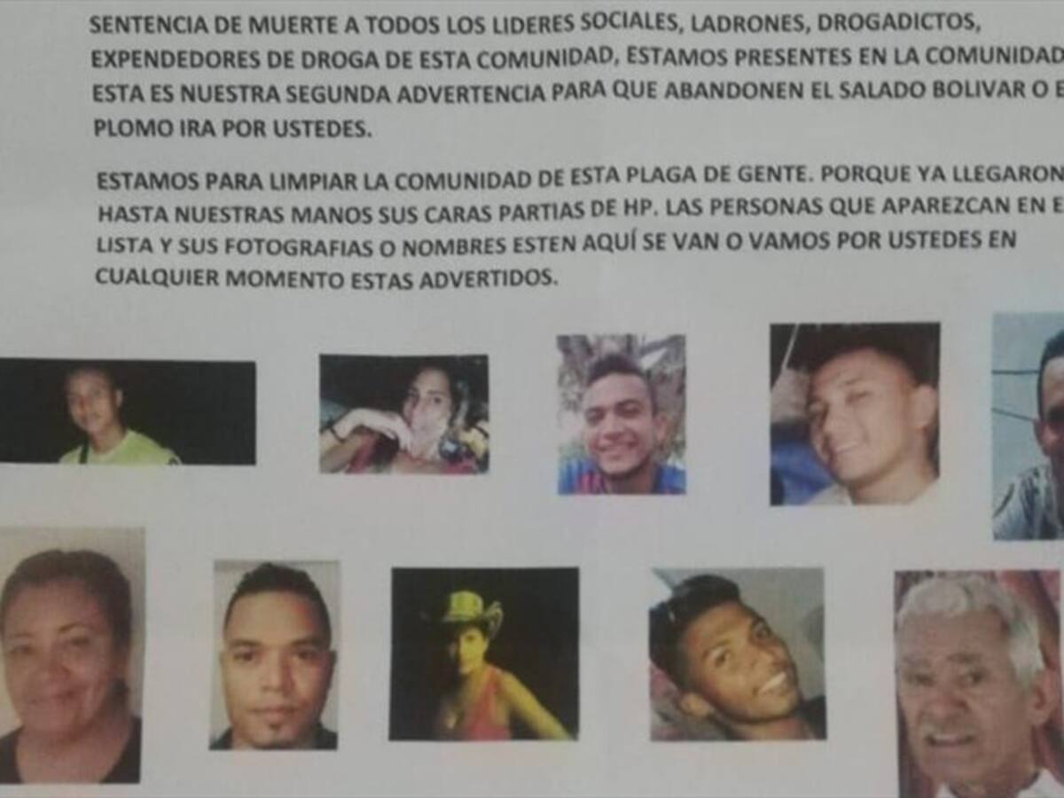 Con panfleto amenazan a más de diez líderes sociales de El Salado, Bolívar