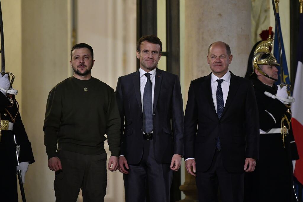Volodymyr Zelensky, Emmanuel Macron Y Olaf Scholz. (Photo by Aurelien Meunier/Getty Images)