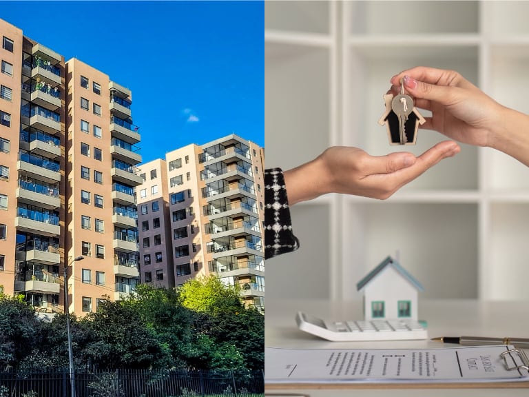 Edificios residenciales y al lado una persona entregando las llaves de una vivienda (Fotos vía Getty Images)