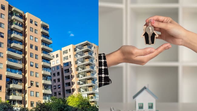 Edificios residenciales y al lado una persona entregando las llaves de una vivienda (Fotos vía Getty Images)