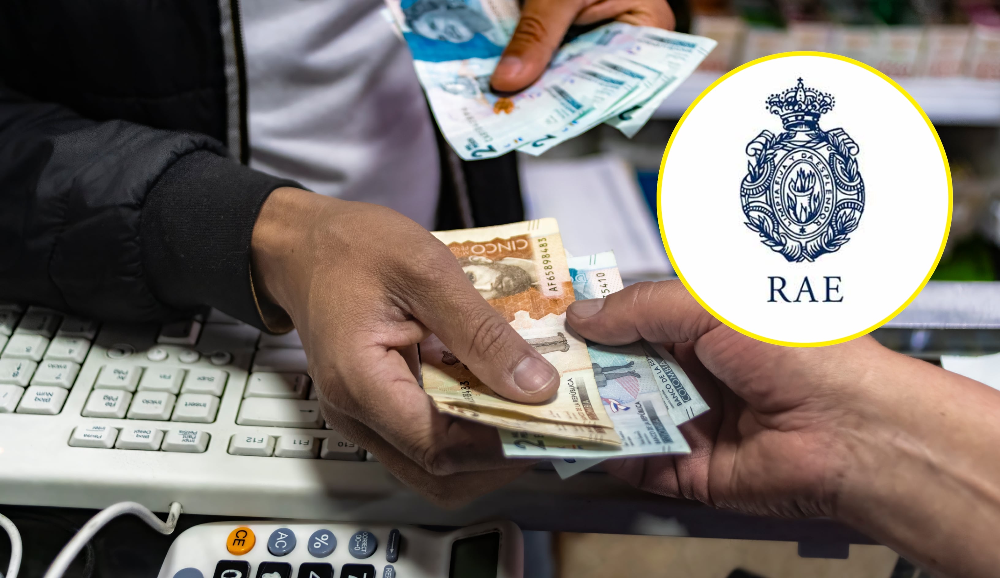 Referencia de dar cambio de dinero y logo de la RAE. Foto: Getty Images y RAE.