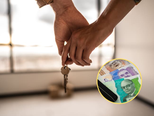 Primer plano de una pareja que se toman la mano, mientras sostienen una llave de un apartamento. En el círculo, la imagen de billetes colombianos / Fotos: GettyImages